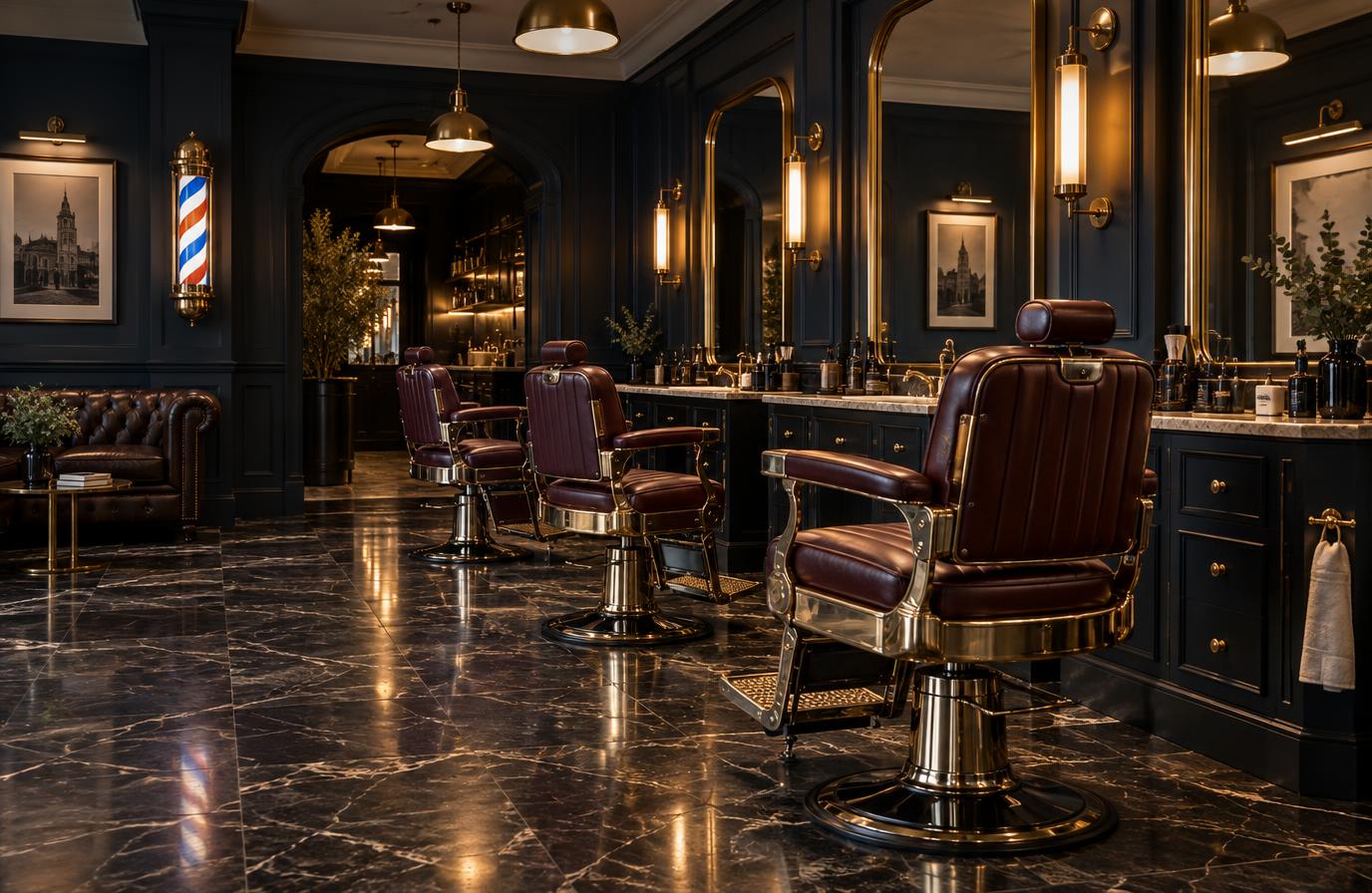 Luxury navy and brass GIPPESWIC barbershop interior